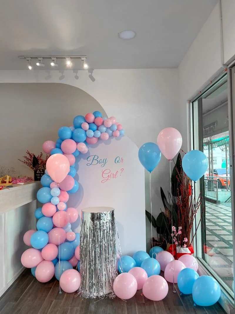 Gender reveal Boy or Girl, arche de ballons rose et bleu sur backdrop blanc